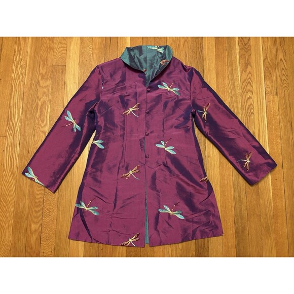Vintage Reversible Dragonfly Embroidered Purple Blue Button Up Jacket Long M/L - Picture 1 of 8